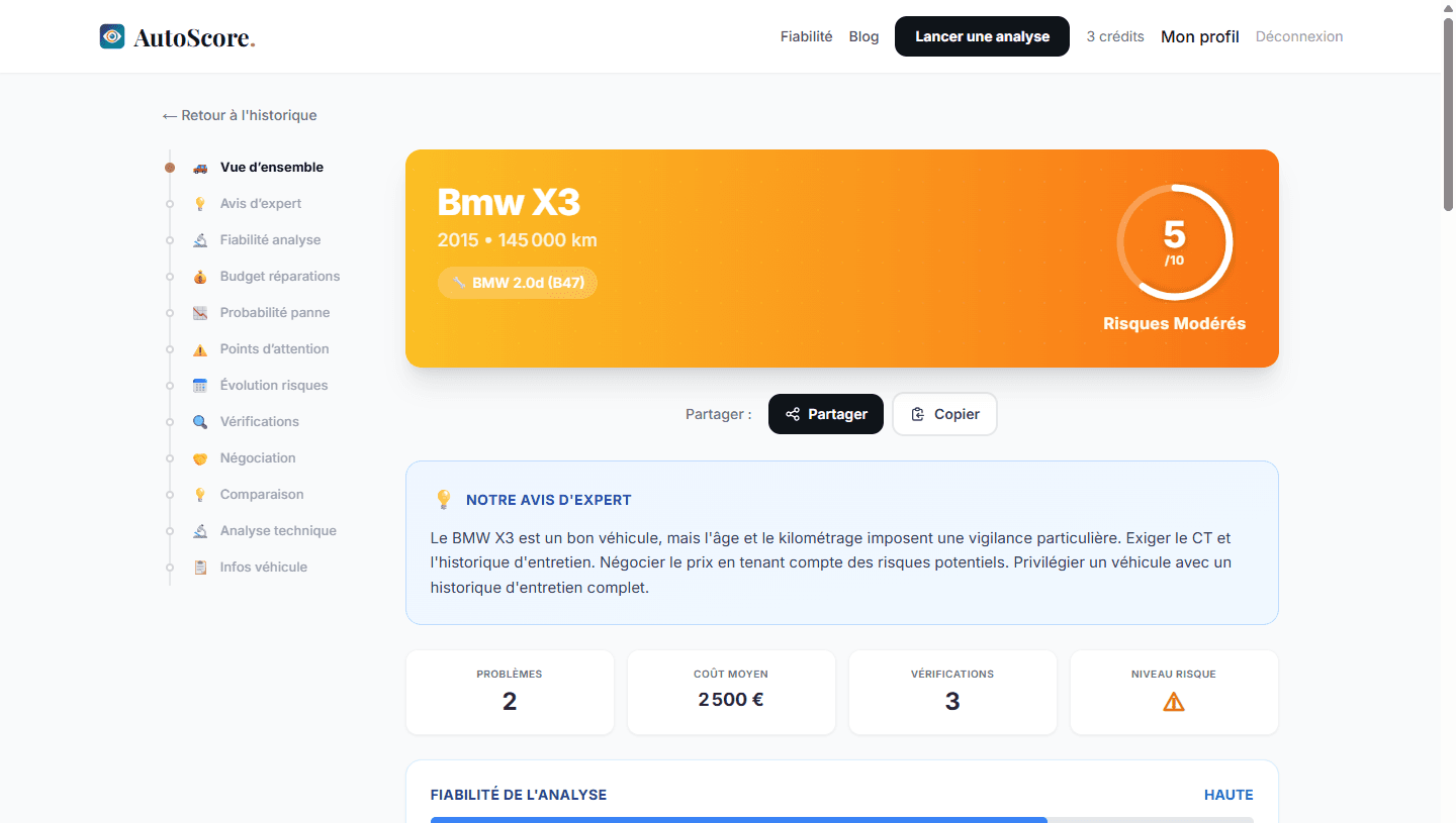 Rapport AutoScore complet sur une BMW X3 2015 — score 5/10 avec avis d'expert et indicateurs clés