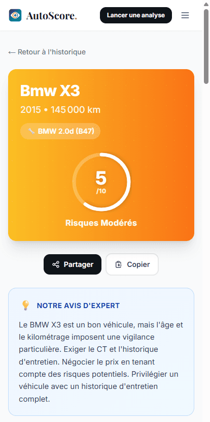 Rapport AutoScore sur mobile — score 5/10 BMW X3